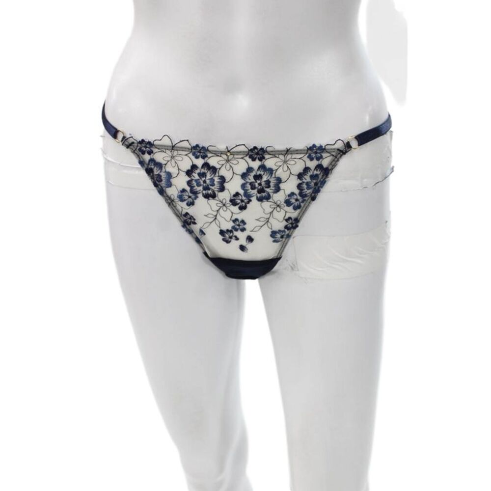 Gooseberry Womens Floral Printed Mesh Thong Panties Navy Blue White One Size